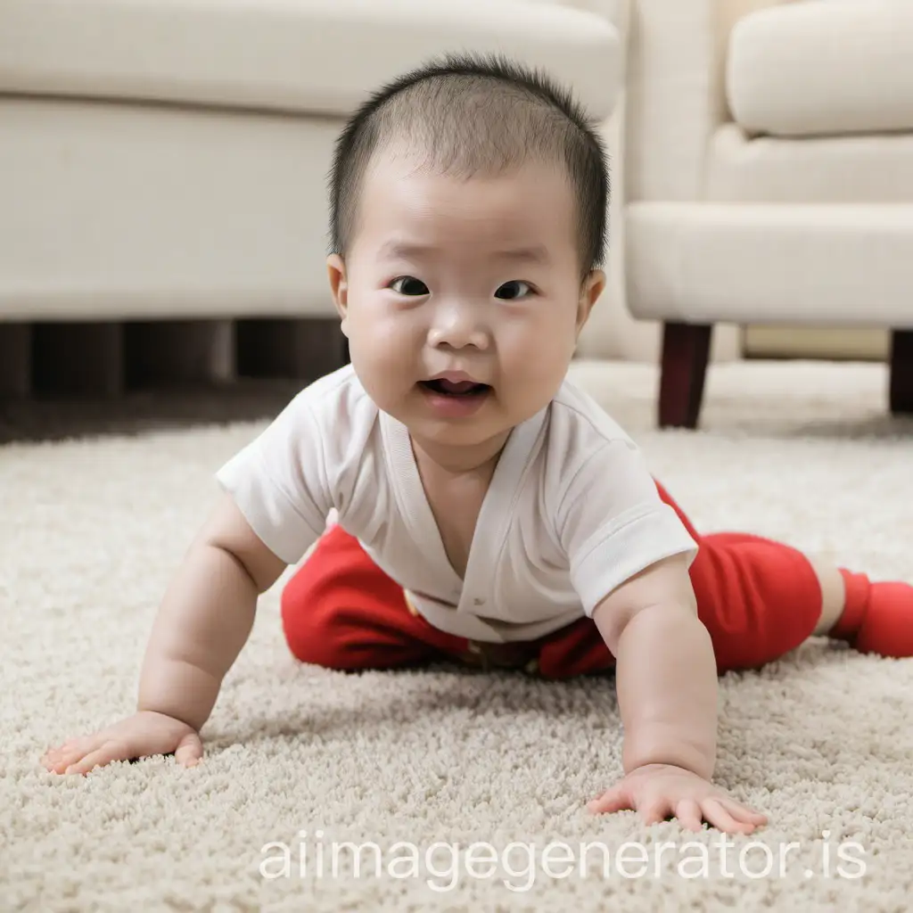 Chinese baby playing on carpet