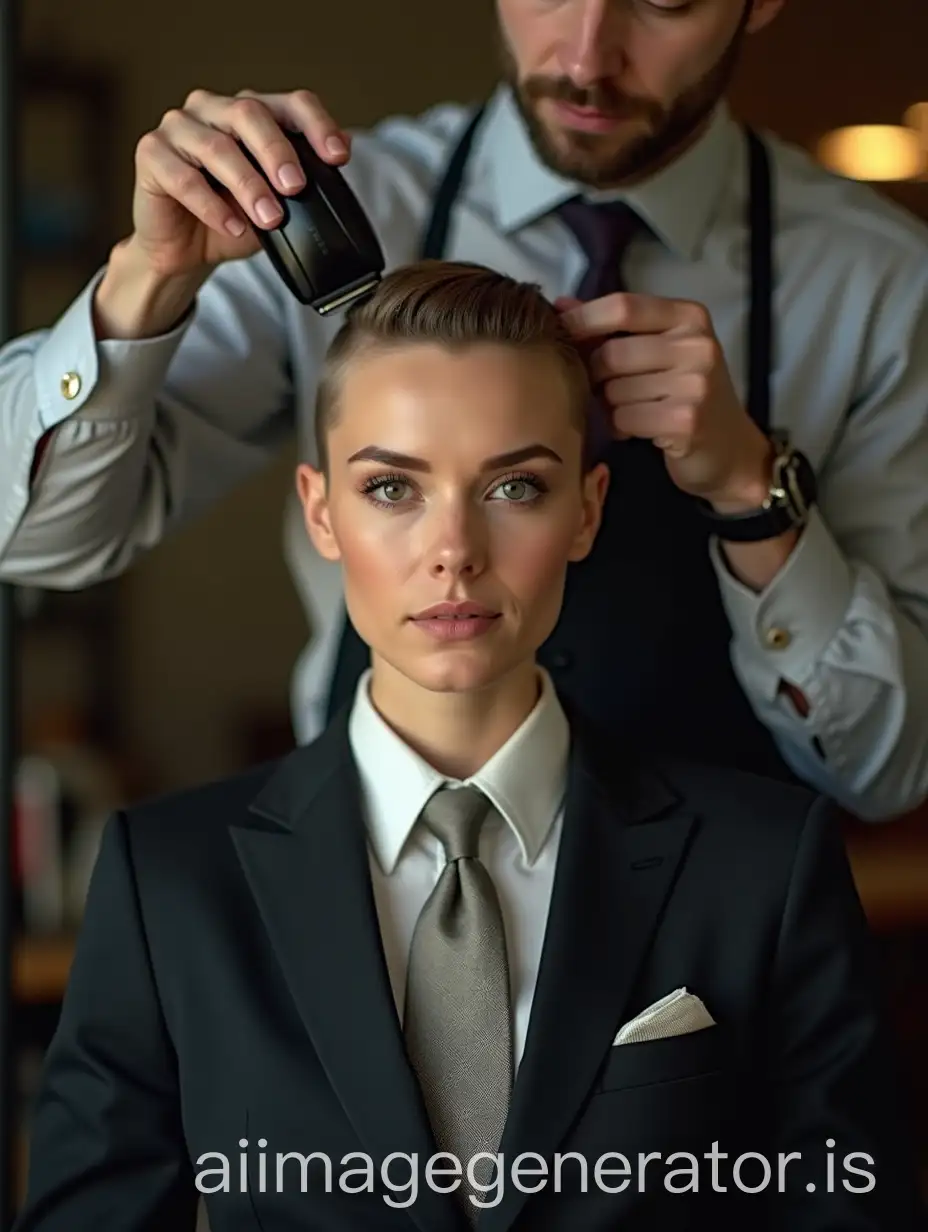 Beautiful and confident female woman movie actress, with very short side-parted pixie cut, wearing man's business suit, man's dress shirt, necktie in Windsor knot, pocket square, male barber shaving her head with electric clippers, sitting in barber chair