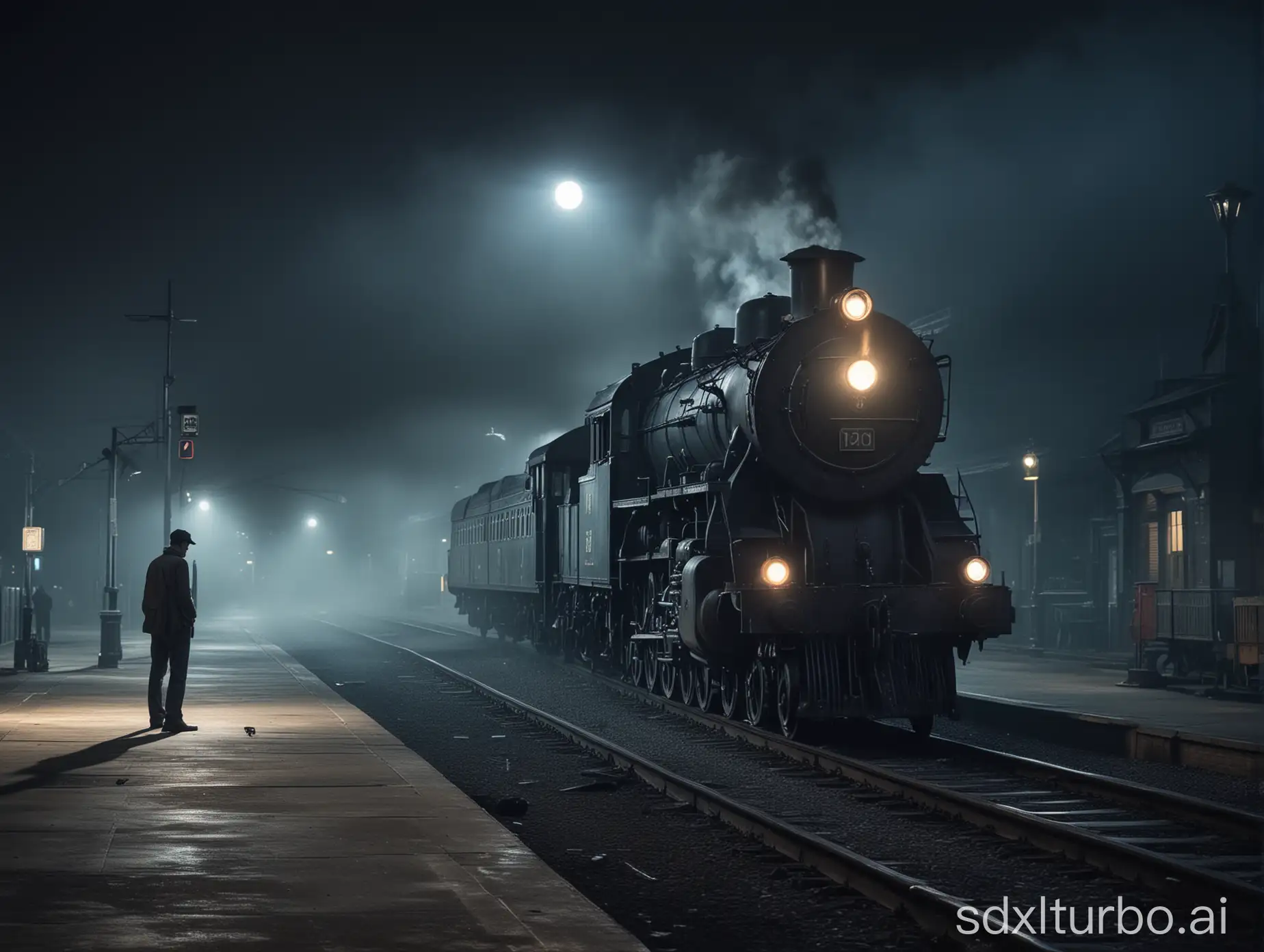 A man  stands at a deserted train station platform. A vintage locomotive with glowing headlights chugs in, a dim moonlit scene, a bluish tone of visual, a half moon, each passing window revealing a scene from his past with his love. The journey ends abruptly, depositing him back in the present, the platform empty and cold.
