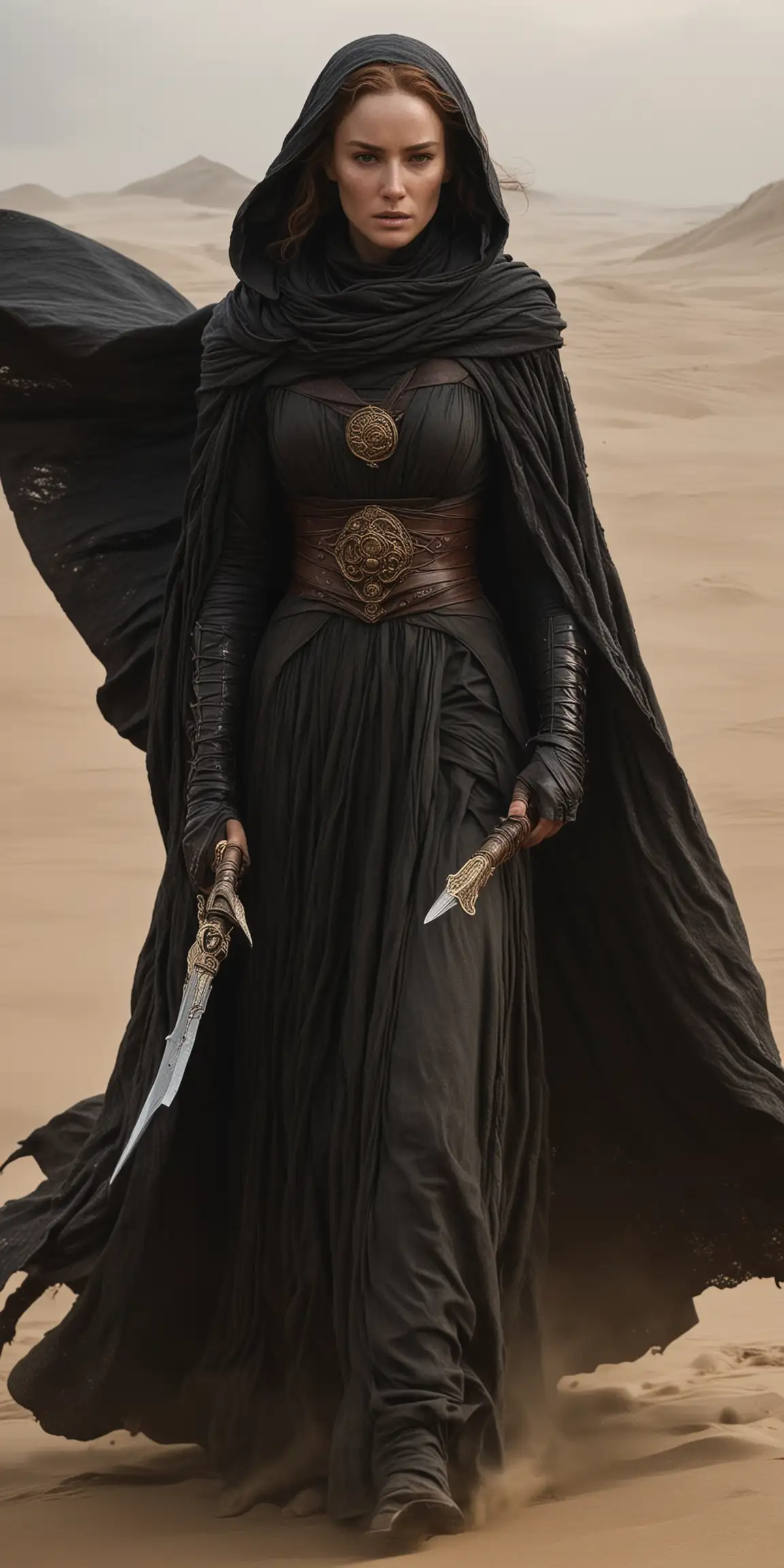 Bene Gesserit Woman in Cloak with Dagger in Windy Dune Landscape