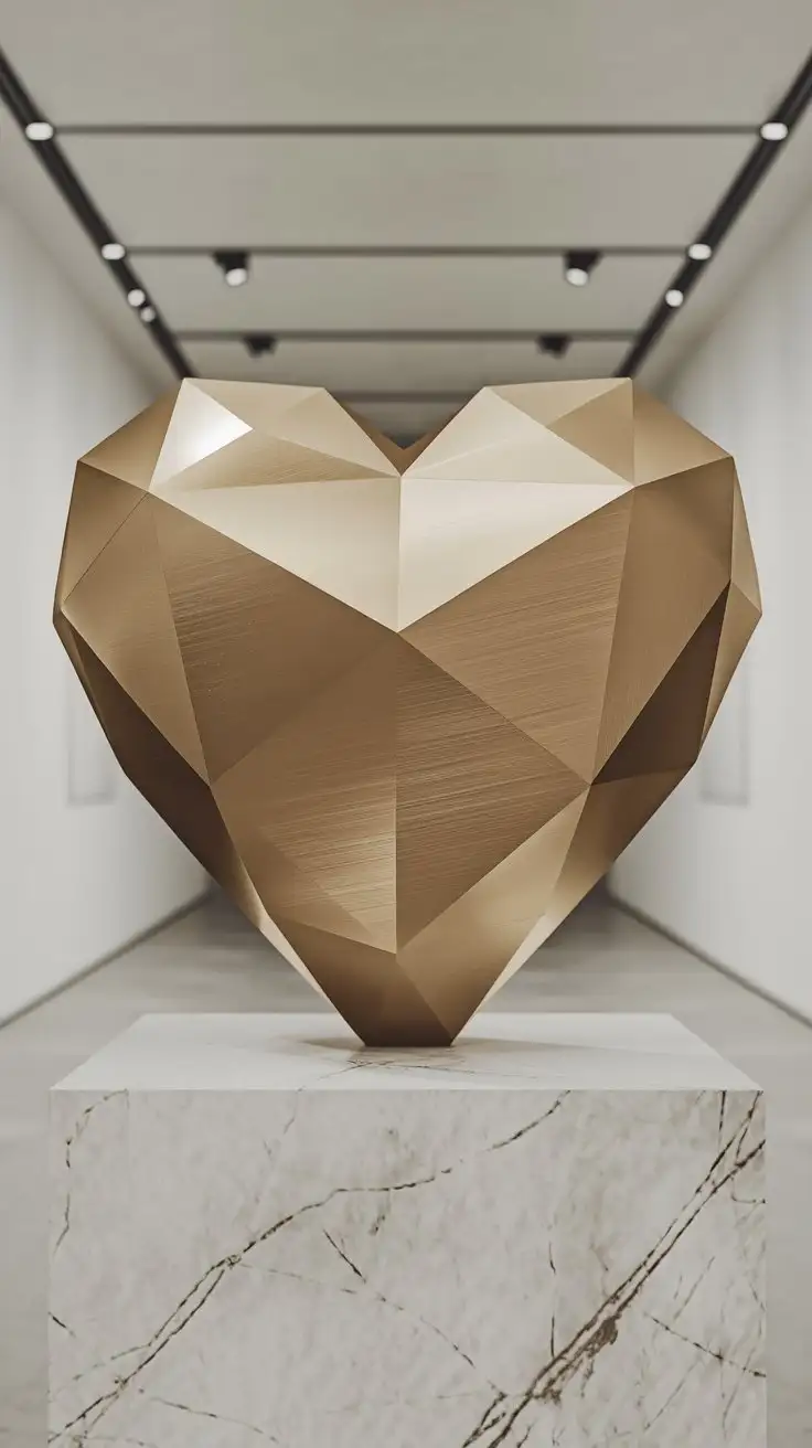 Geometric-Heart-Sculpture-in-Brushed-Gold-on-Marble-Pedestal