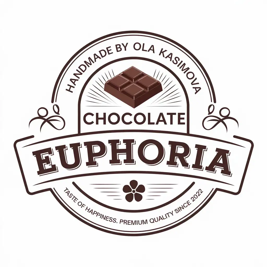 a vector logo design,with the text "Handmade by Olga Kasimova
 Taste of happiness. 
Premium quality 
Since 2022", main symbol:Chocolate euphoria,Moderate,be used in Retail industry,clear background