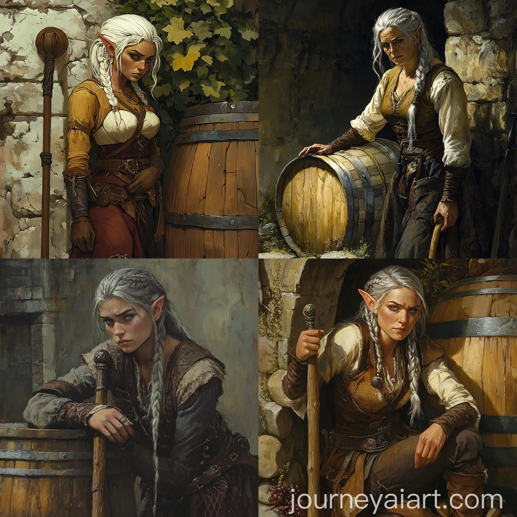 Gloomy-Dwarven-Woman-Leaning-on-Ginkgo-Wood-Crutch-Near-Wine-Barrel