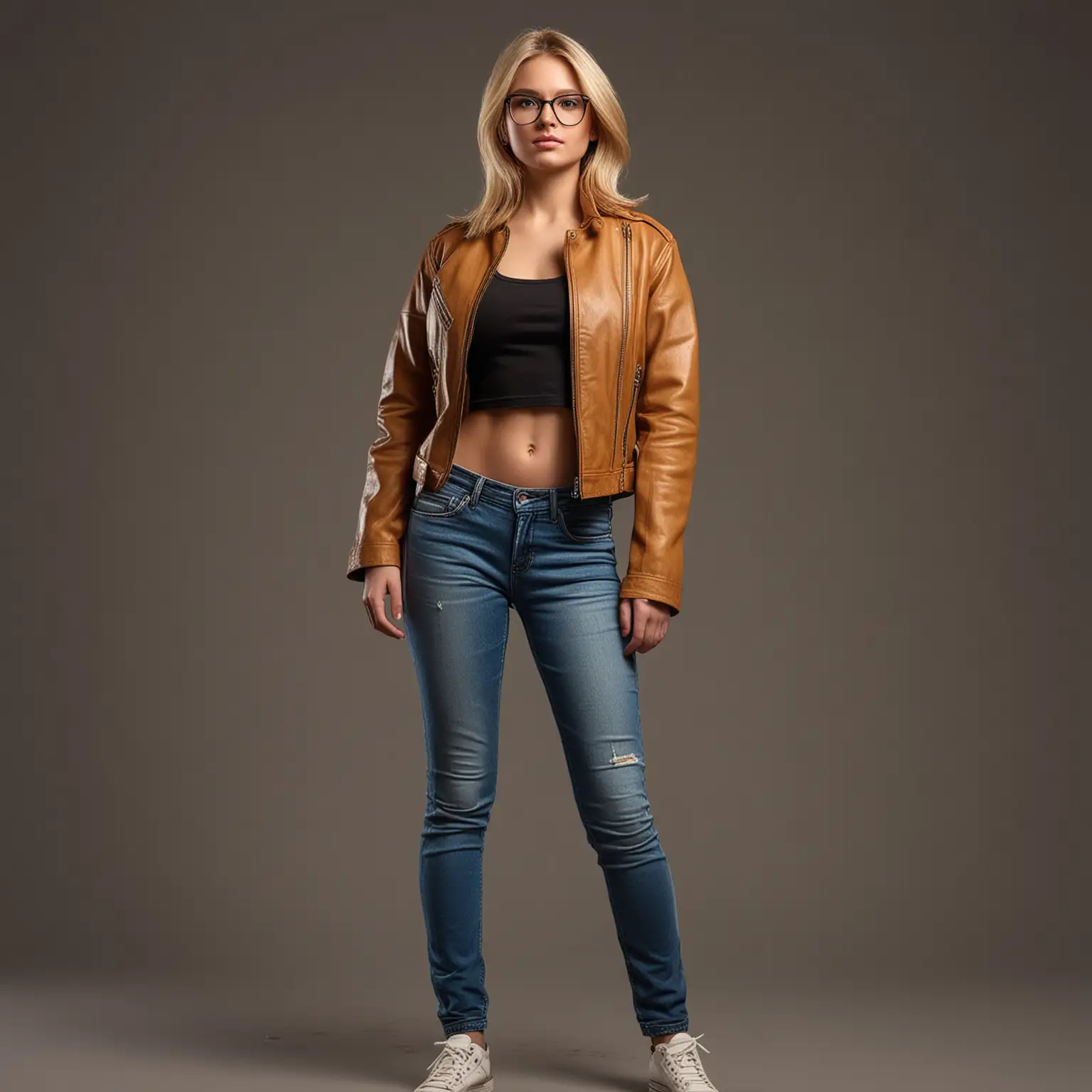 Blonde-Model-in-Serious-Pose-with-Brown-Leather-Jacket-and-Glasses-on-Empty-Golden-Background