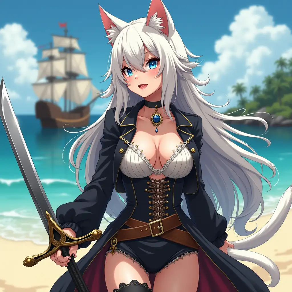 A mature adult feline/woman dressed as a pirate with a sword on a beach.  A pirate ship in the background. Her 30-something years are disguised by her youthful facial features, except for her subtle wrinkles around the eyes, extremely slender body. Her ample bosom strains against her clothing, threatening to burst free from the fabric, extreme cleavage.  Wearing black thigh high pirate boots. She has piercing blue cat eyes. A choker adorns her neck, a subtle hint at her feline nature. Her long, white hair cascades down her back like a wild waterfall, tangled and disheveled. Her cat-like teeth glint in the light, as her white fur-lined ears punctuate her visage with sparkling black and gold earring adorns each ear, adding a touch of elegance to her feline features. Cat whiskers on her face. The attached tail at the base of her spine stirs lazily.  Long fingernails. Full body view. Anime.