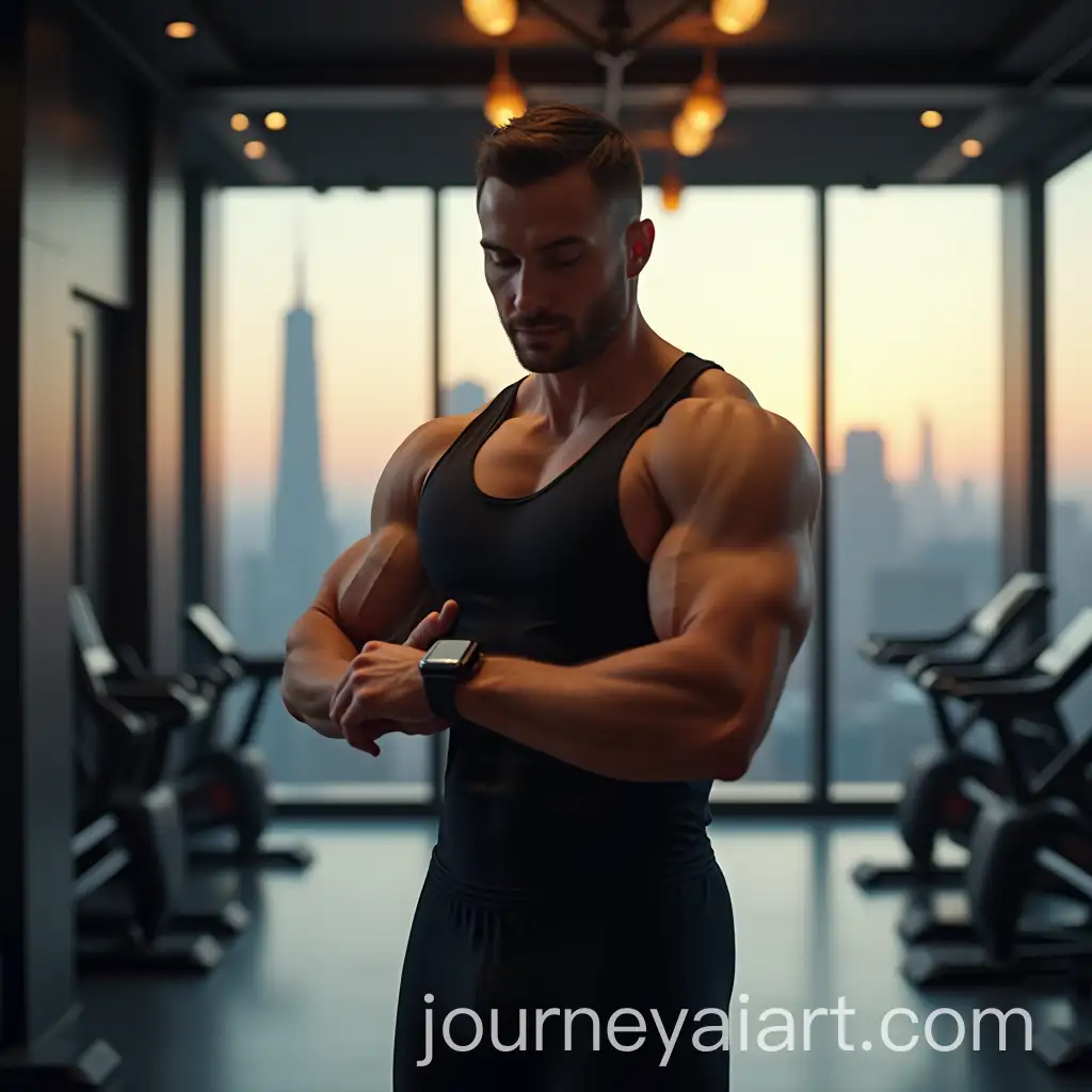 Businessman-in-Premium-Fitness-Studio-with-City-Skyline-View