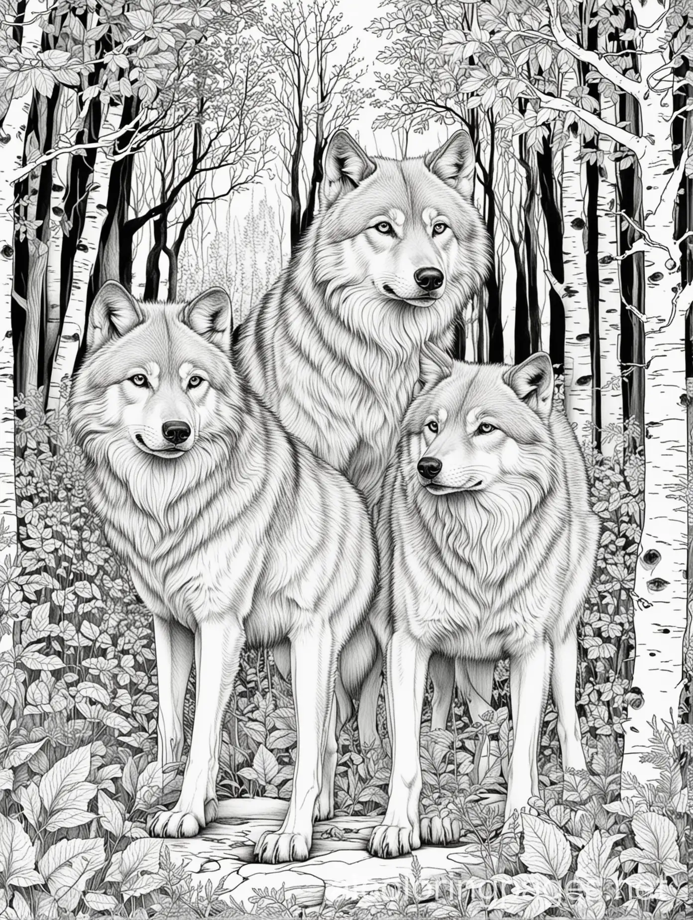 Majestic-Wolves-in-a-Serene-Forest-Coloring-Page