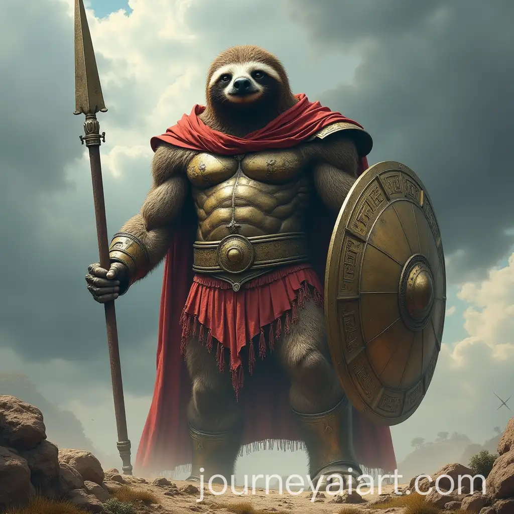 Giant-SlothWarrior-in-Ancient-Spartan-Armor-on-a-Stormy-Battlefield