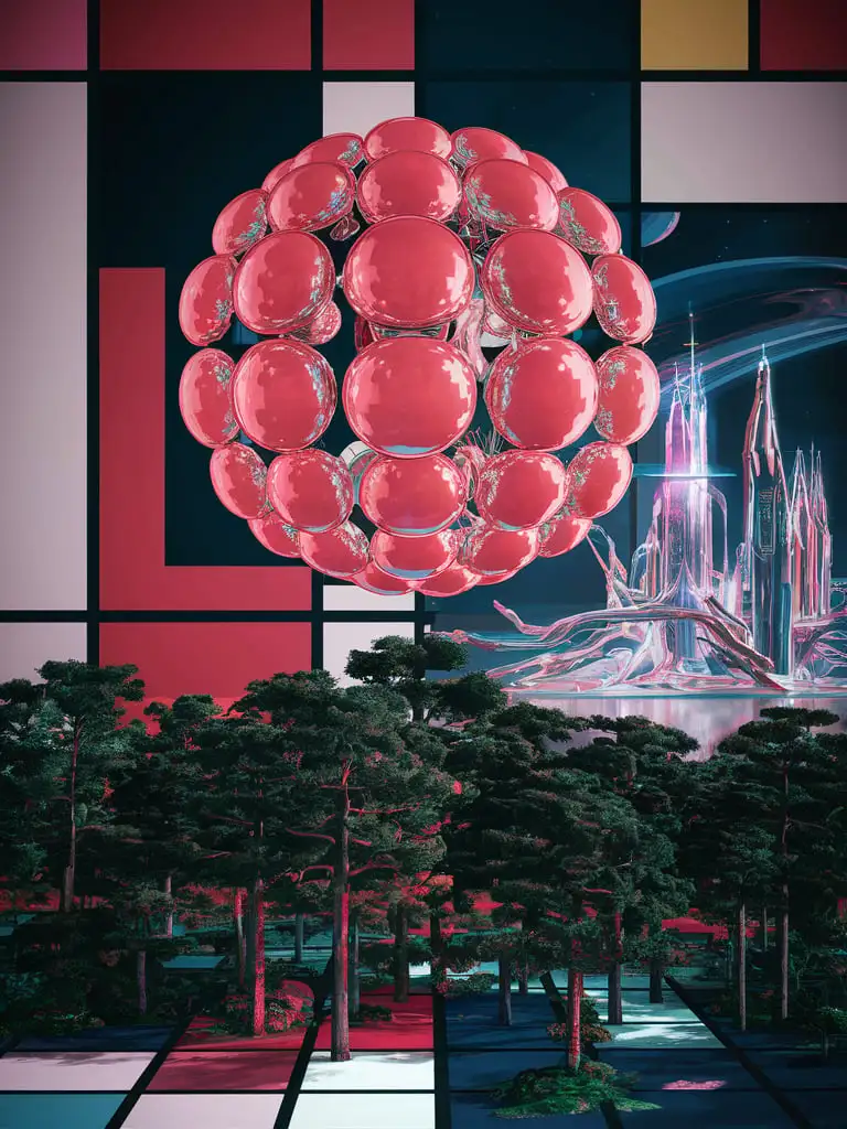 bubble moon, forest, realism, yayoi Kusama style, future, futuristic, pixels, web 3, pete Modrian style