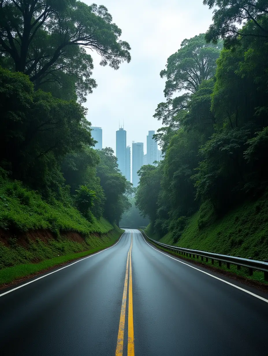 A perspective view from a road running downhill through a rain forest with the skyline of Kuala Lumpur at the end of the road. Photo taken on a sunny day after a heavy rainfall.