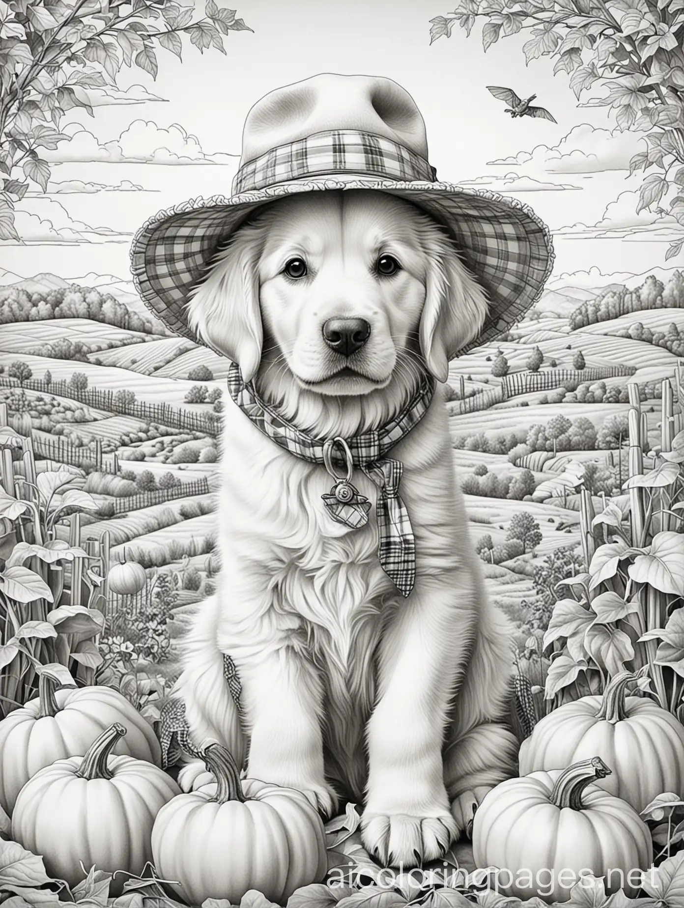 Friendly-Scarecrow-Puppy-in-Pumpkin-Patch-Coloring-Page