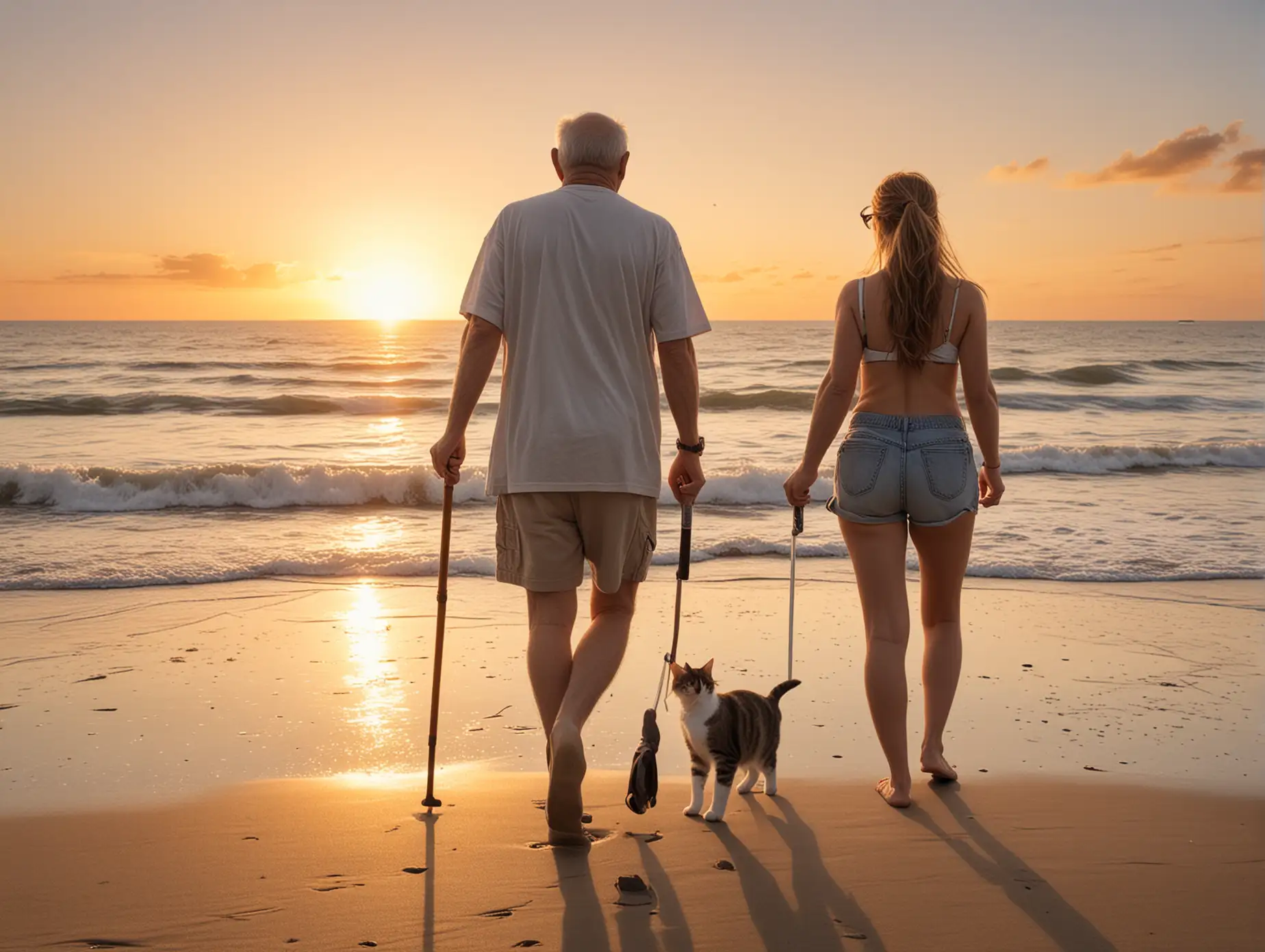 Beach Sunset Walk with Old Man Young Woman and Cat