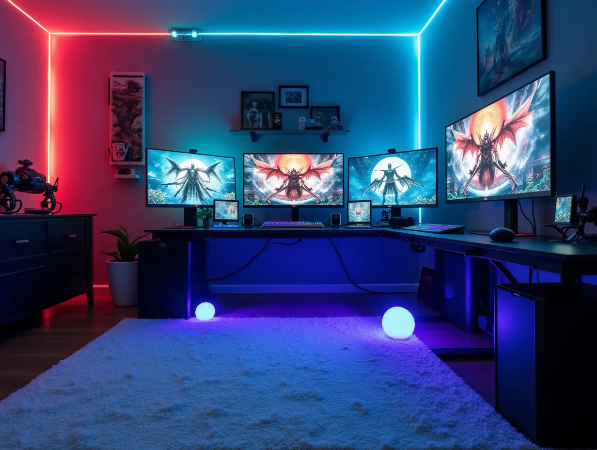 Gaming room white carpet, illuminated balls on the table a small robot toy with three monitors side by side with images of Demon Slayer bright room colorful 180 degree panoramic image