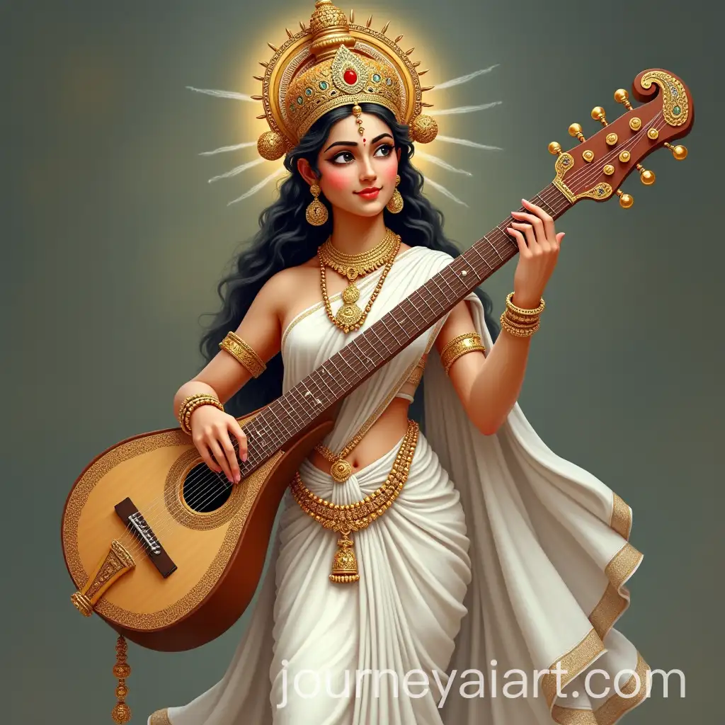 Hindu-Goddess-SaraswatiAI-Image-Prompt-Expansion-in-White-Saree-Playing-Veena