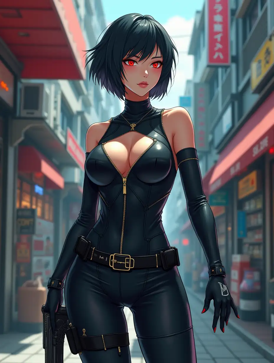 Short hair, mature Asian woman thief cyber runner in a dynamic full-length pose, eyes with red electronic pupils, large breast, extreme skintight body glove zipped down with cleavage, combat boots and combat belt. Full view of her body from boots up, low wide angle. Future store filled city alley street. Anime