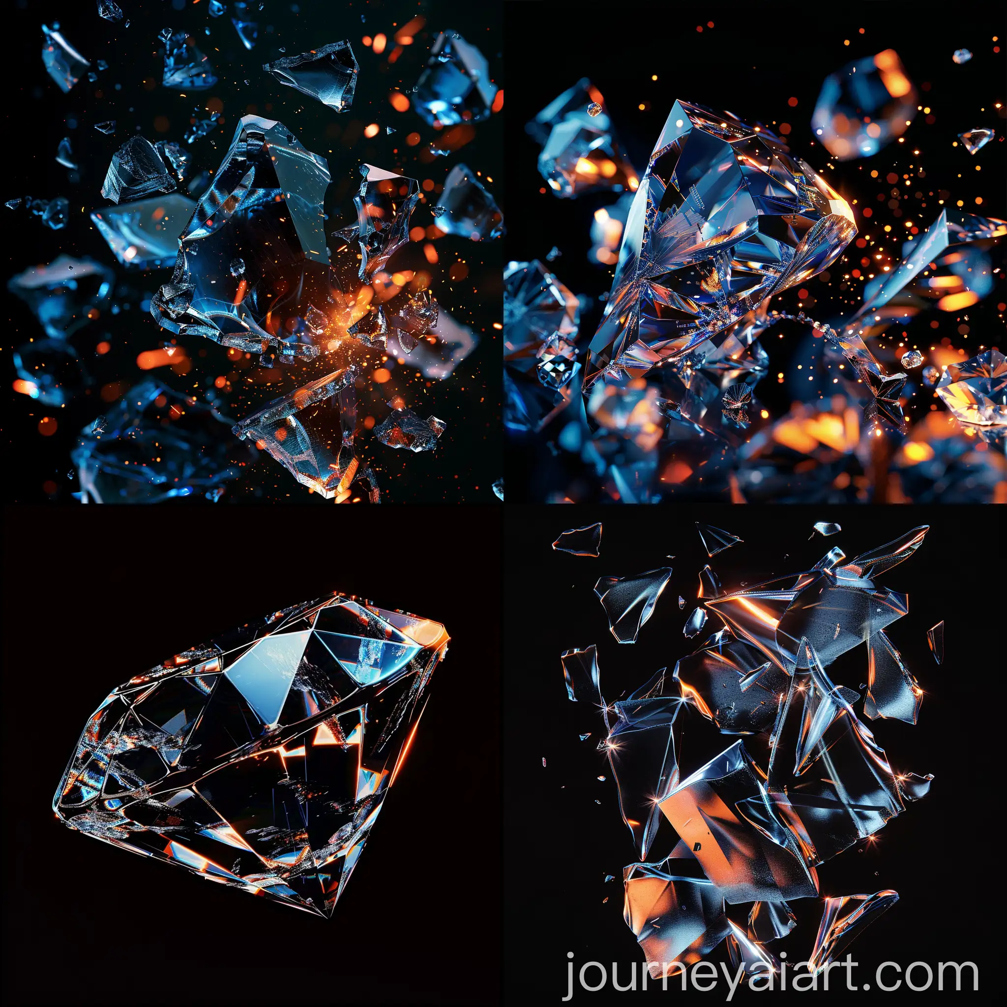 Cracked-Diamond-Fragments-on-Black-Background-with-Blue-and-Orange-Lights