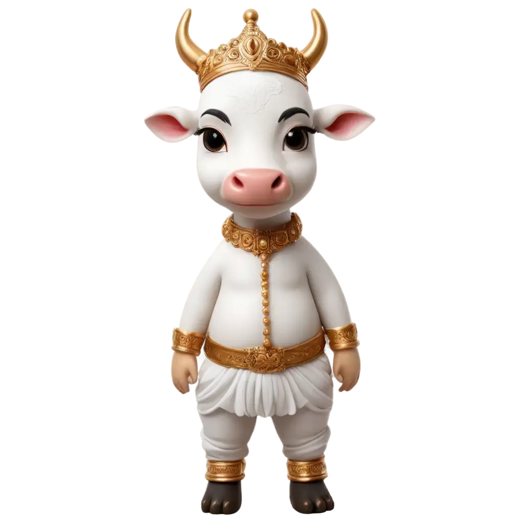 PNG-Image-of-a-Cute-Little-Adorable-White-Dhoti-Cow-with-Gold-Ornaments-and-Chola-Styled-Crown