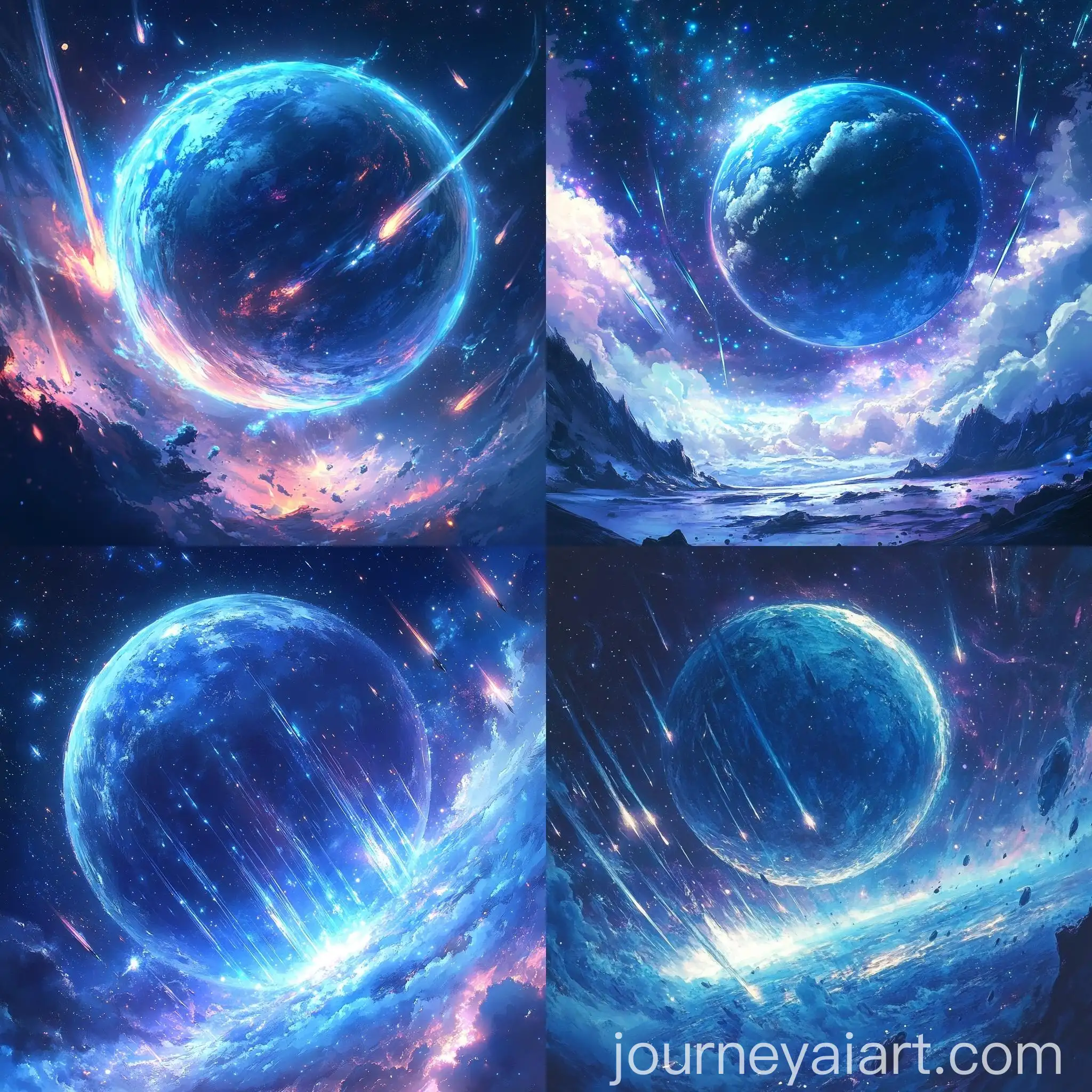 Tranquil-Blue-Planet-in-Space-Galaxy-with-Meteors-and-Bright-Stars