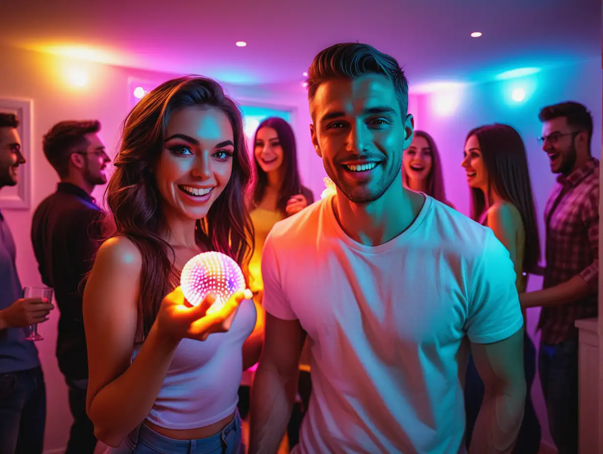 Dynamic Couple Enjoying a House Party with Vibrant LED Lights