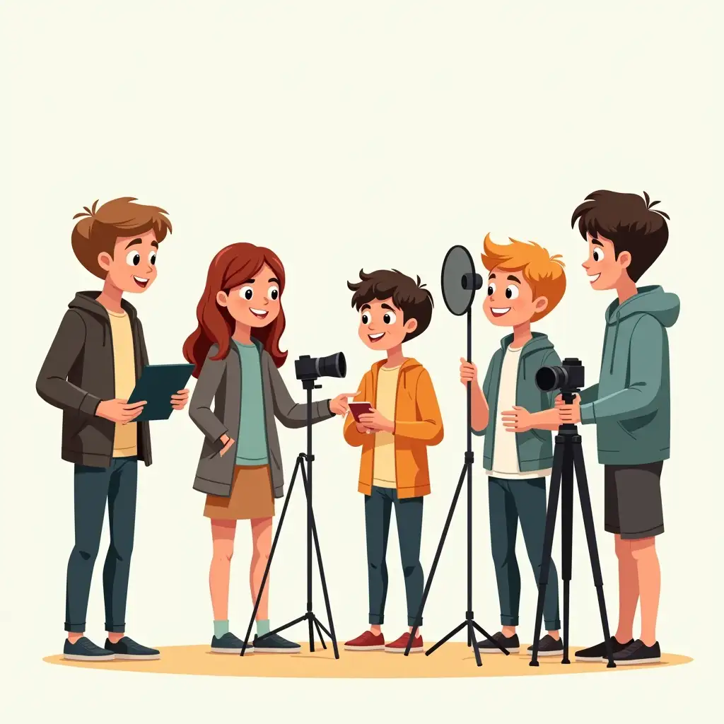 Cartoon style. A group of fair-skinned boys and girls are filming a report. One is standing with a camera, another with a microphone, third with a tripod, fourth with a dictaphone, fifth with a reflector and so on.