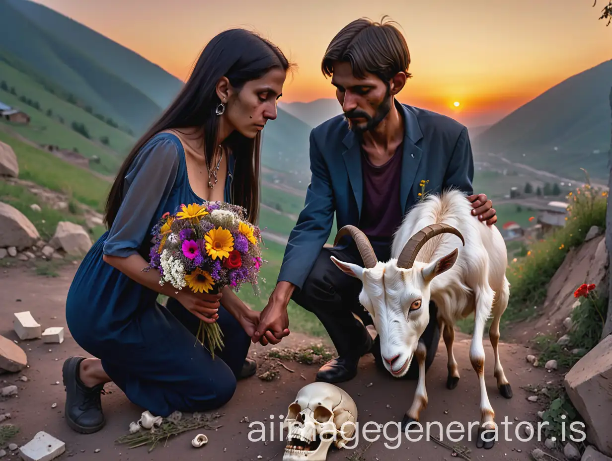 Goat-on-Mountain-with-Broken-Chains-and-Human-Skull-Couple-in-Polluted-Valley-at-Sunset