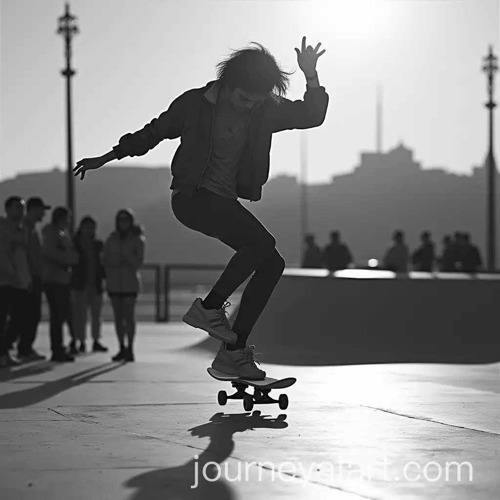 Dua-Lipa-Performing-a-Kickflip-on-a-Skateboard-in-Black-and-White