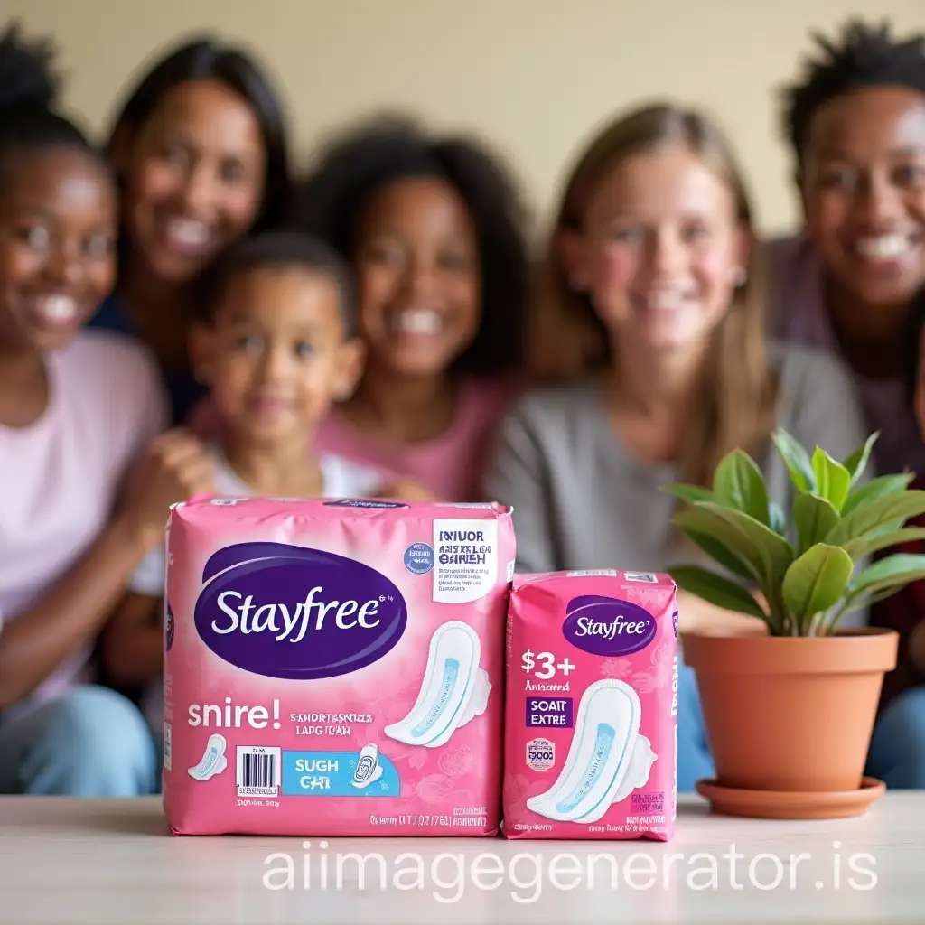 -An image showing the new Stayfree sanitary napkin set, focusing on the 3 dollar care plan packaging, and women in a community environment, symbolizing support and empowerment. Pink flower plant packaging