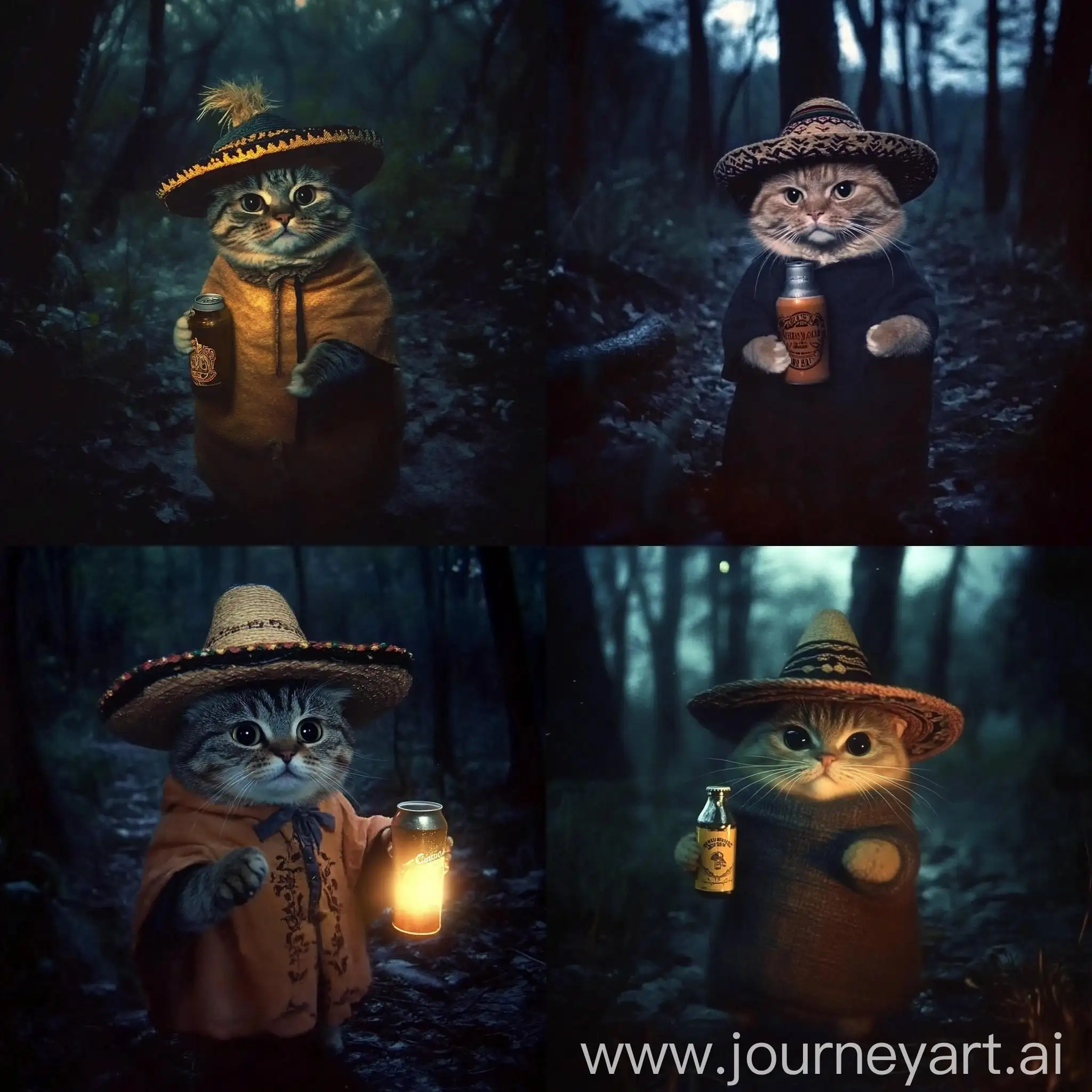 Cat-in-Mariachi-Hat-and-Poncho-in-Dark-Forest-with-Corona-Beer