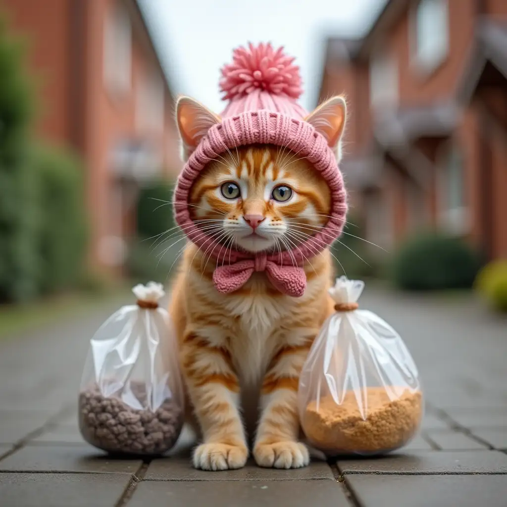 ginger nice real kitten in knitted hat goes with plastic bags on paws along the road home to brick house, products are sticking out of the package on top