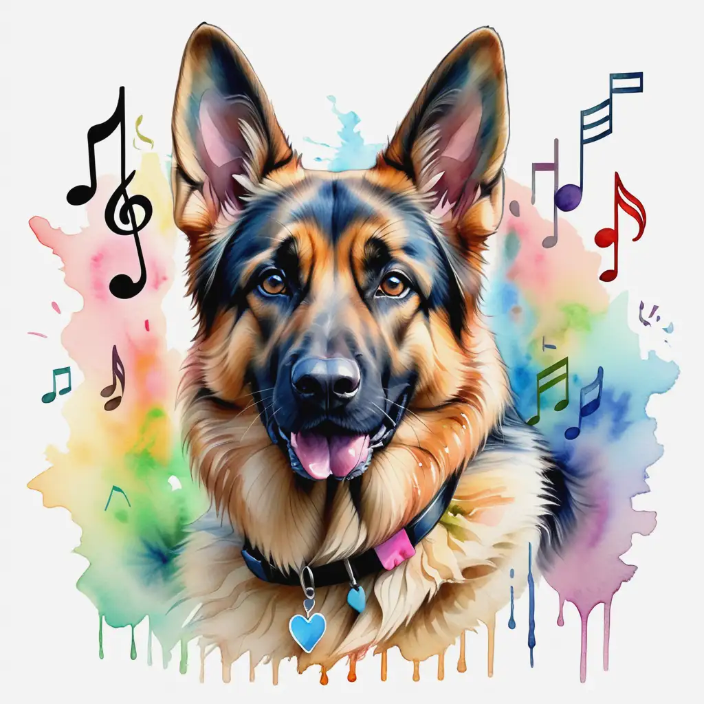 Watercolor Painting of a Realistic German Shepherd with Colorful Musical Notes