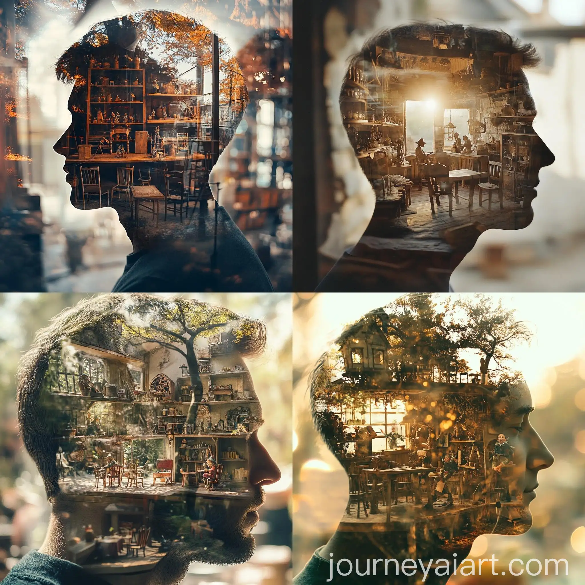 Double-Exposure-Shot-of-a-Fairy-Tale-Workshop-Inside-a-Mans-Head
