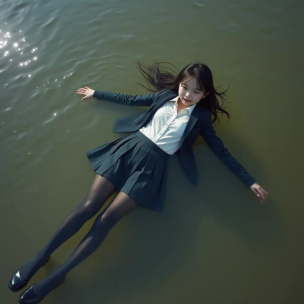 A young schoolgirl in a school uniform, with a skirt, jacket, blouse, dark tights, high-heeled shoes. She swims in a dirty pond, lies under water, in water up to her neck, the whole body is under water, submerged in water, under the surface of the water, all clothes are completely wet, clothes are soaked through, there are no dry areas of clothing, wet clothes stick to the body.