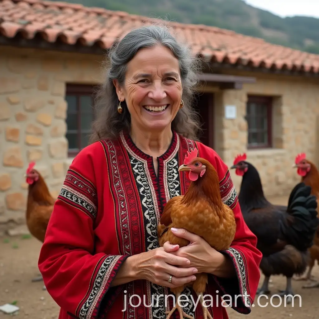 Smiling-Kabyle-Mother-in-Red-Dress-with-Hens-Outside-Stone-House