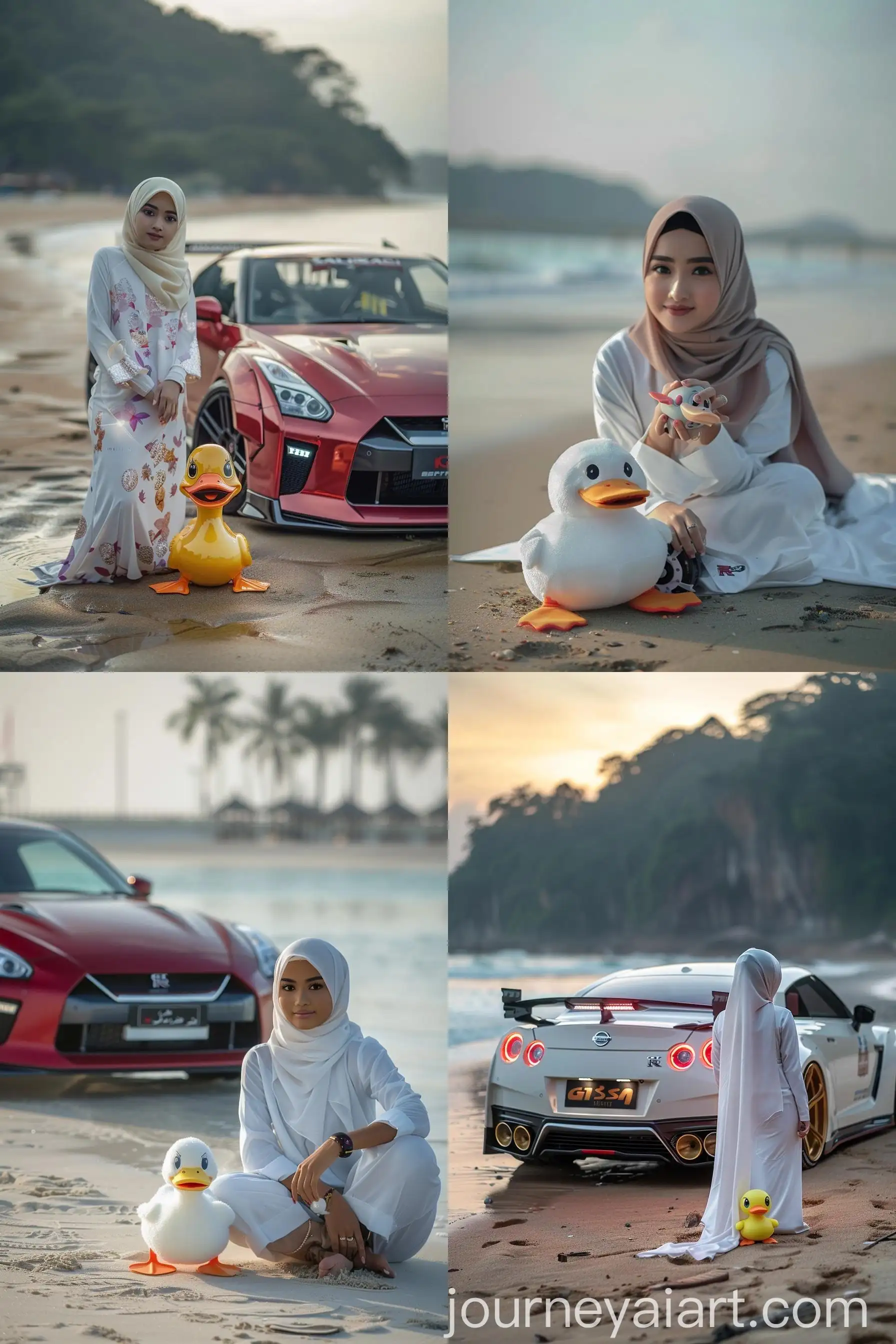 Muslim-Girl-with-Duck-Doll-in-White-TShirt-Next-to-Modified-Nissan-GTR-Sports-Car-on-Beach