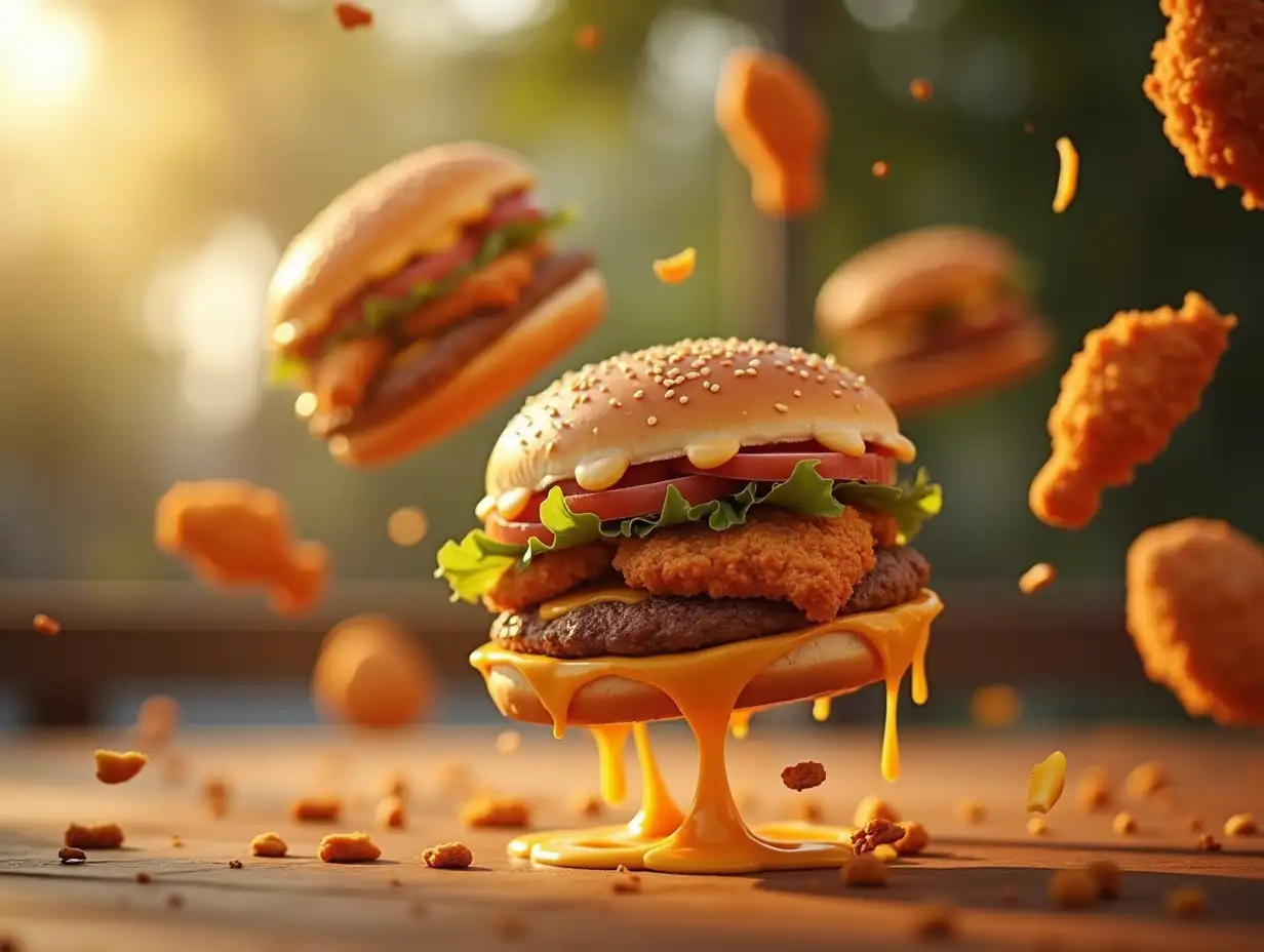 A photorealistic image of mouthwatering hamburgers and fried chicken floating in the air as if defying gravity. The scene captures rich details, from the glossy sheen of melted cheese to the crispy, golden texture of the fried chicken. The background is blurred with a natural depth of field, resembling an outdoor dining setting with warm sunlight enhancing the rich colors of the food. Some pieces appear to be mid-fall, while others hover naturally, creating a dynamic yet believable visual.