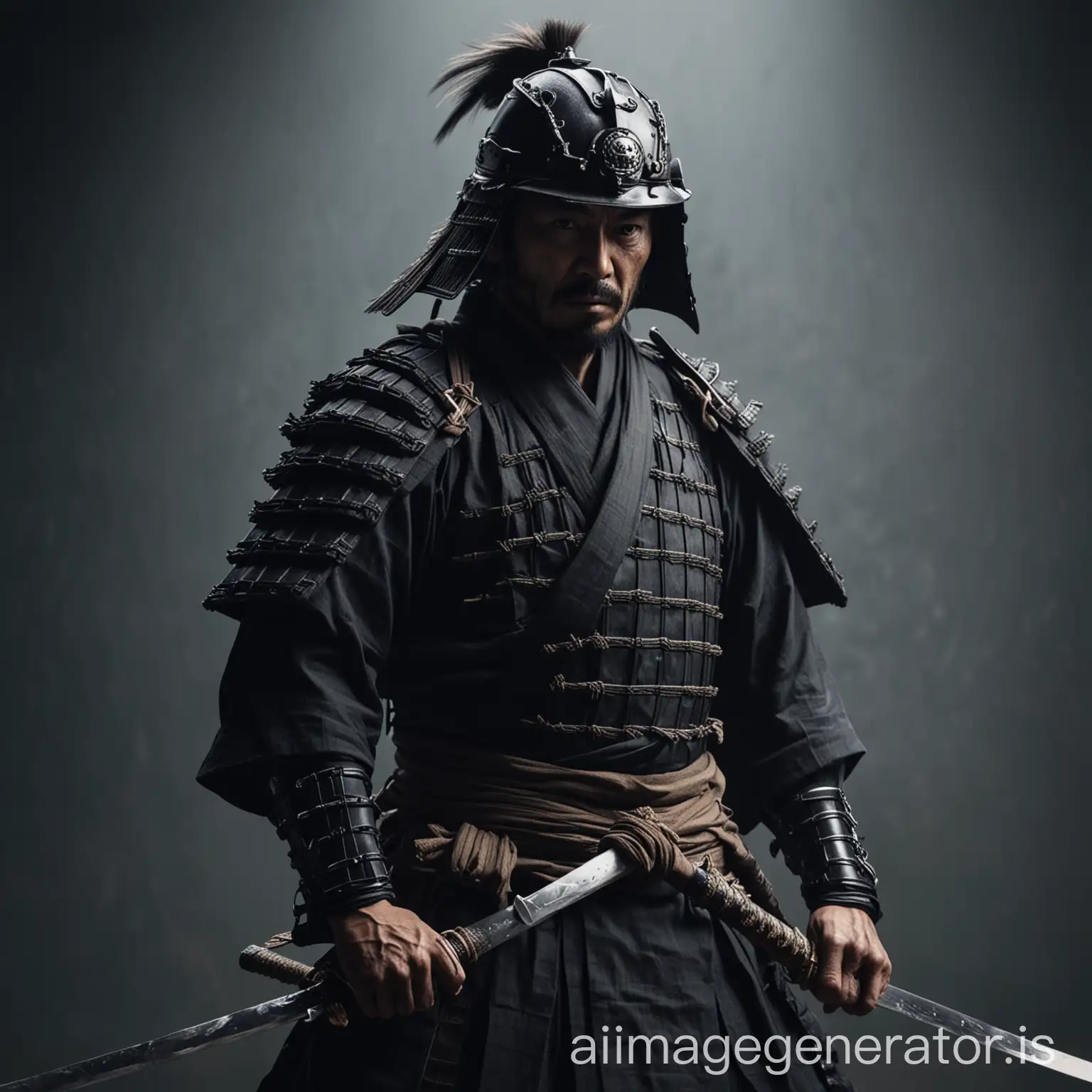 Japanese samurai Miyamoto Musashi wearing full ronin gear with the helmet on. Sword drawn ready to engage in a duel. Japan style background with a dark theme that takes place in the 1500s. 8K image resolution.