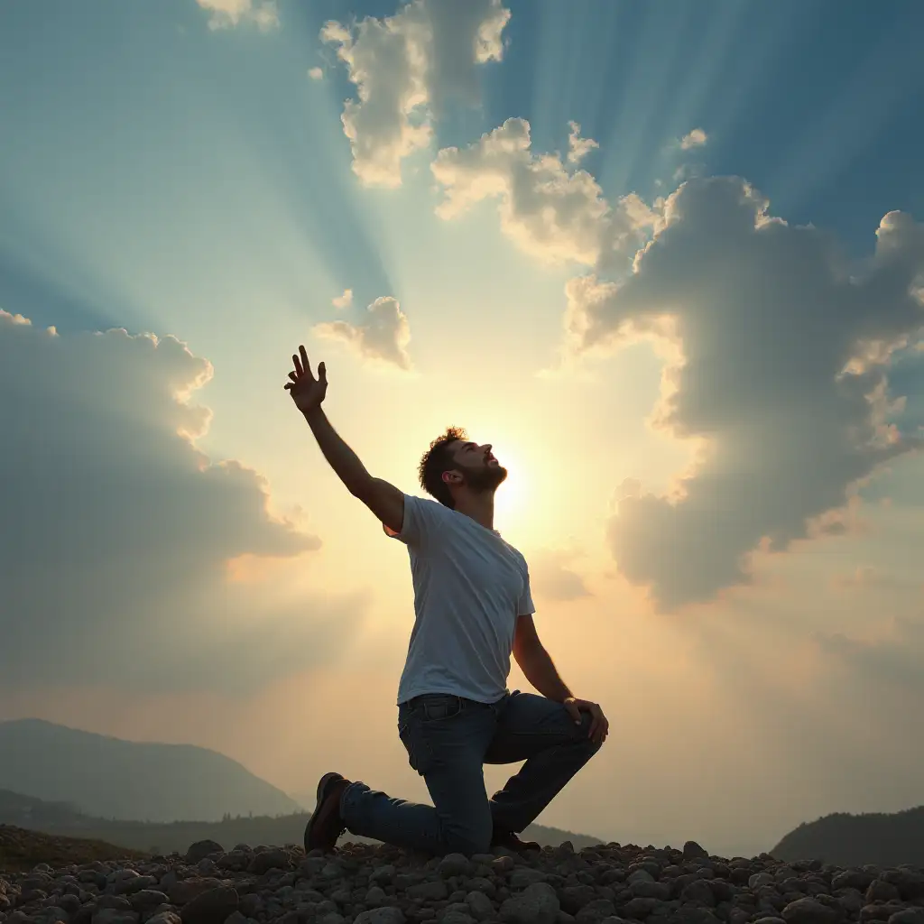 a man claiming as if touching the sky kneeling