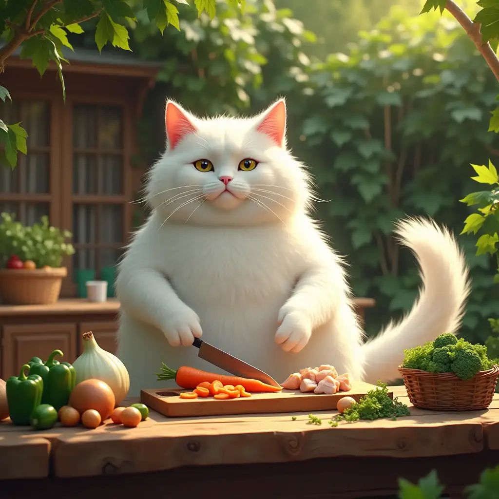 A very large, fluffy white anthropomorphic cat stands upright at a rustic wooden table in an outdoor kitchen surrounded by lush green gardens. Its pristine white fur gleams in the warm sunlight, and its fluffy tail curls playfully behind it. The cat is not wearing a chef’s hat at this stage. It holds a sharp knife in its oversized right paw, slicing a bright orange carrot on a sturdy wooden cutting board, while its left paw stabilizes the carrot. Scattered around the table are fresh ingredients: green bell peppers, onions, broccoli, and chicken chunks. A small wicker basket overflows with fresh herbs like parsley and cilantro. The soft sunlight filters through the greenery, highlighting the vibrant colors of the vegetables and the rustic wooden cottages in the background.