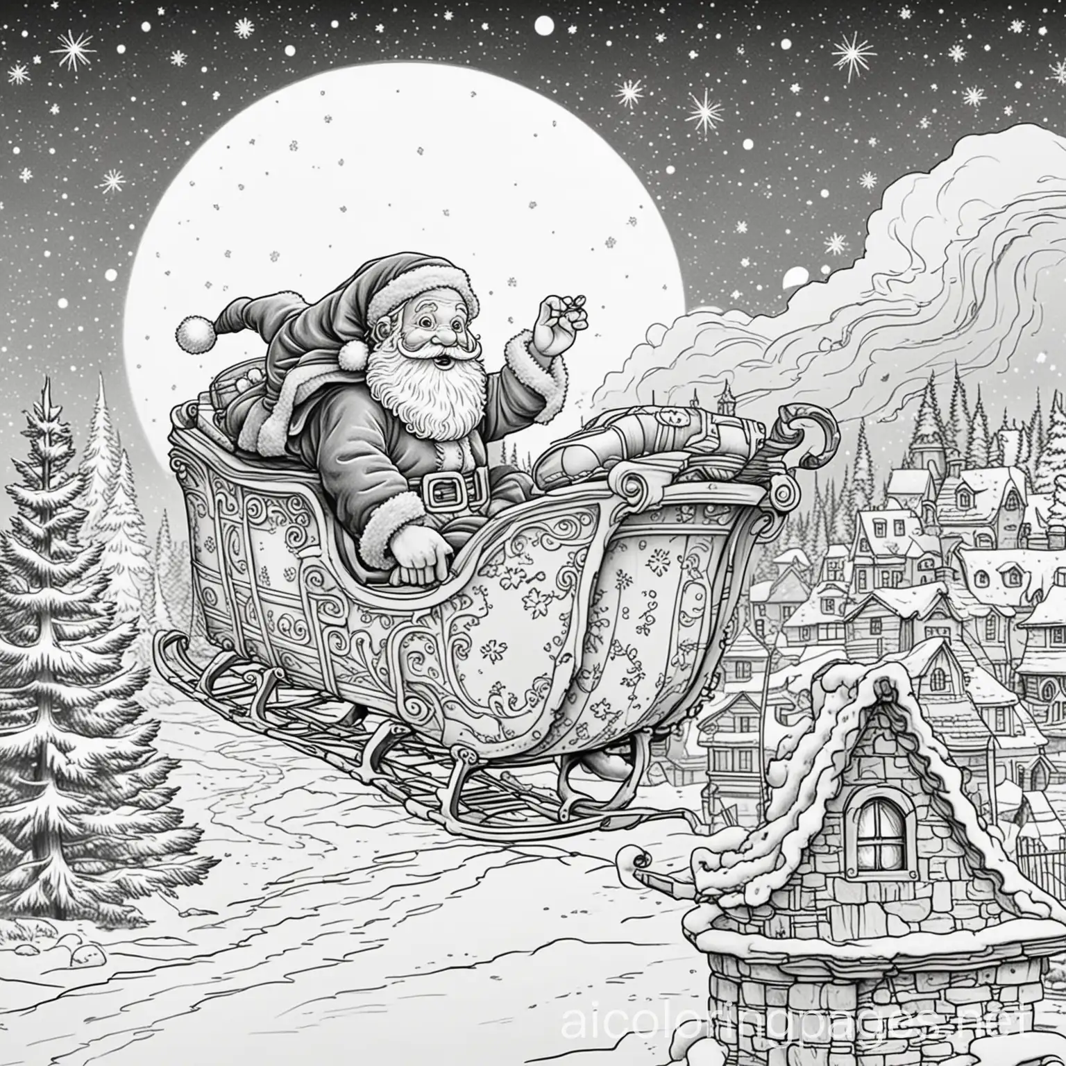 santa clause riding in a sleigh above the chimney in a snowy bright night with hollow lines for coloring  , Coloring Page, black and white, line art, white background, Simplicity, Ample White Space. The background of the coloring page is plain white to make it easy for young children to color within the lines. The outlines of all the subjects are easy to distinguish, making it simple for kids to color without too much difficulty