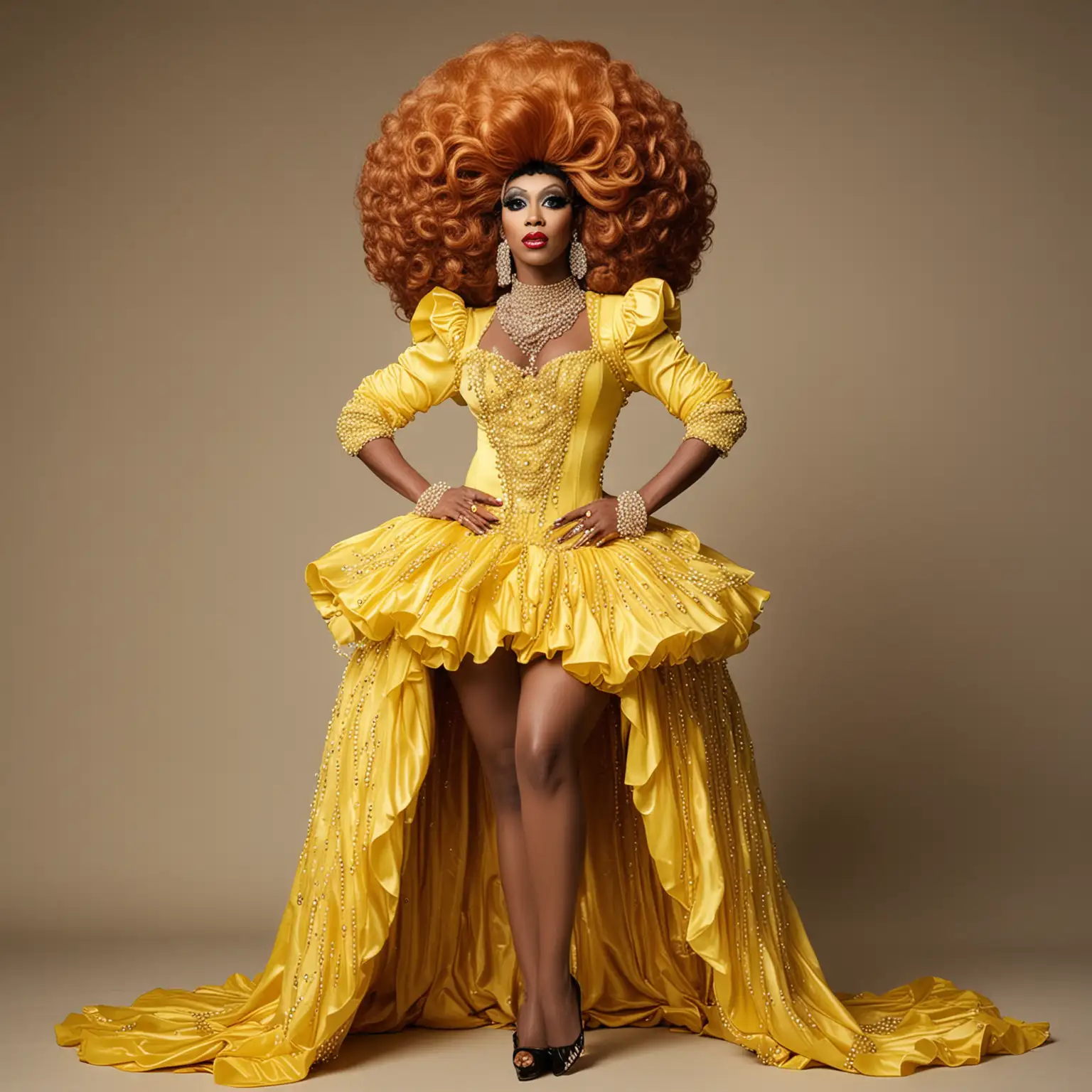 Elegant Black Drag Queen in Yellow Dress and Pearls
