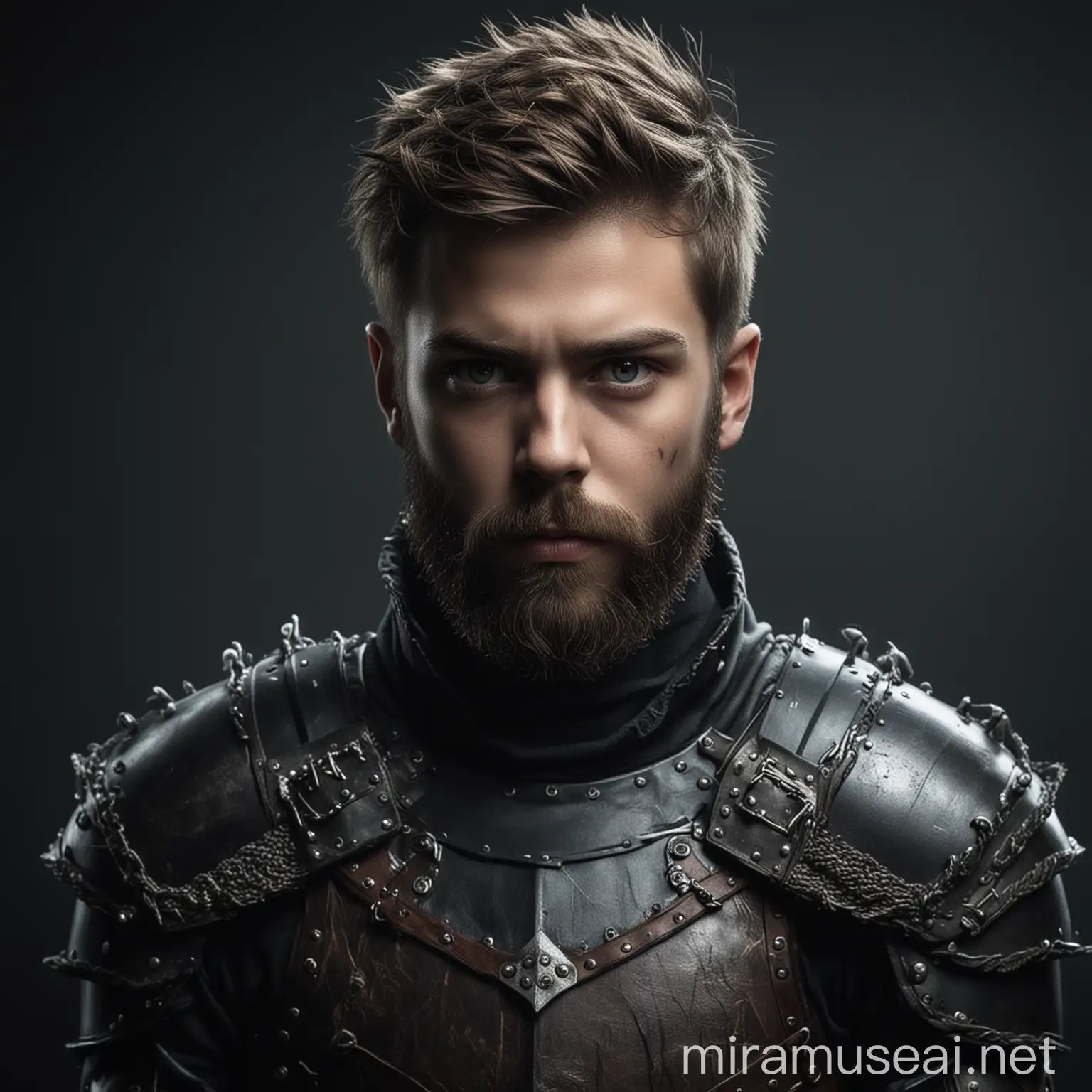 Fantasy Boy in Leather Armor with Beard Facing Scary Encounter