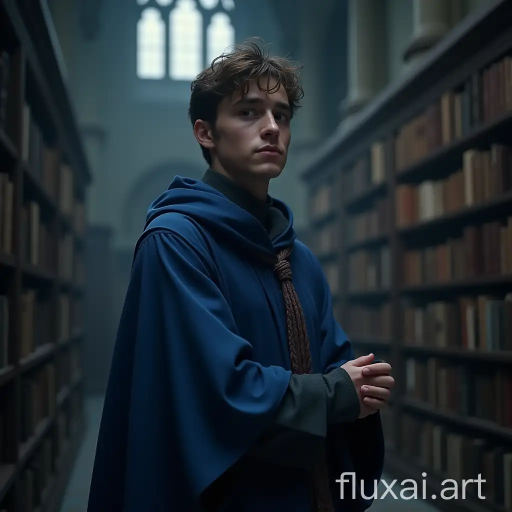 young man, mage, wearing a blue robe with, inside of a magic academy library, cgi, vfx, soft light, ultra realistic, dark gray palette, atmospheric, very detailed, imax, movie lens, cinematic, photoshoot, shot on 25mm lens, depth of field, tilt blur, shutter speed 1/1000, f/22, white balance, 32k, super-resolution, pro photo rbg