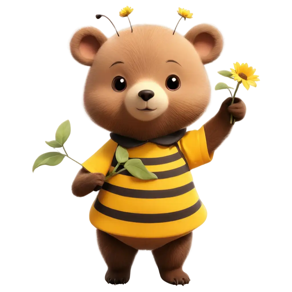 Adorable-Little-Bear-in-Bee-Costume-Holding-Sunflower-PNG-Image