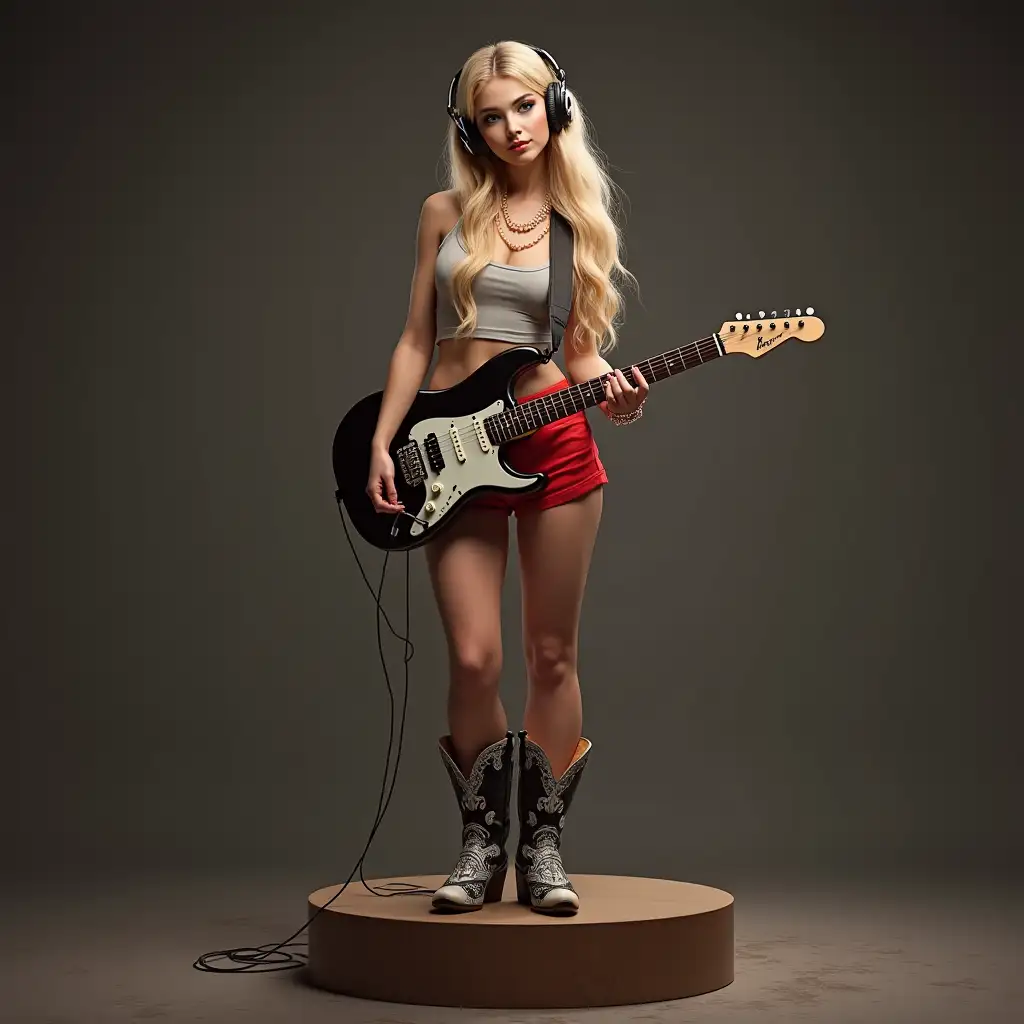 ultradetailed hyperrealistic photo of a woman with long blonde hair and red-white short pants, a wristwatch, headphones playing on an electric guitar, black and white cowboy boots, a large pearl necklace standing on a podium with beautiful shoes, impeccable attention to texture, surfaces and lighting, to give depth, dimension and a photorealistic appearance.