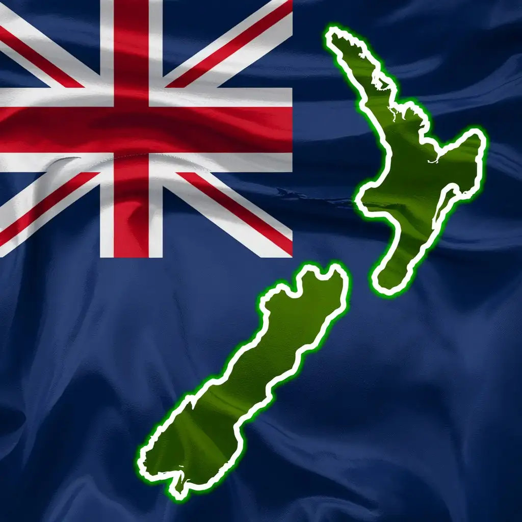 Neon Green Outline of New Zealand on Countrys Flag