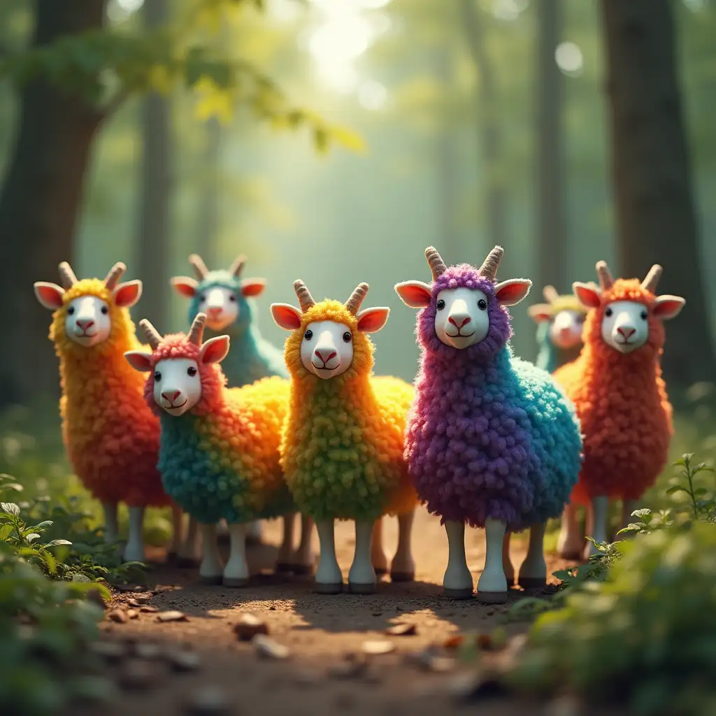 A group of funny rainbow-colored sheep in the forest