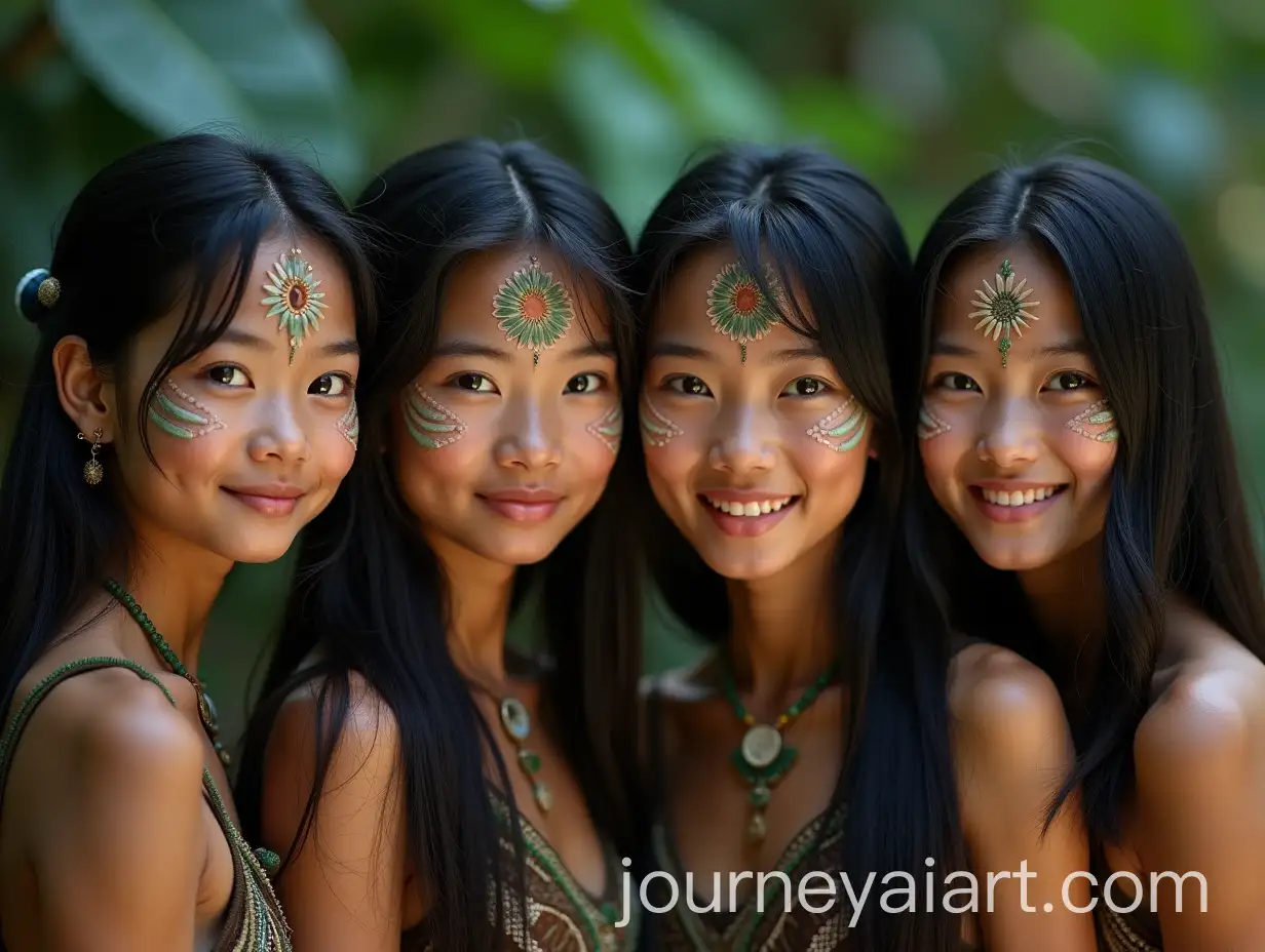 Four-Asian-Girls-Smiling-in-Tribal-Jungle-Setting-with-Traditional-Face-Paint-and-Beadwork