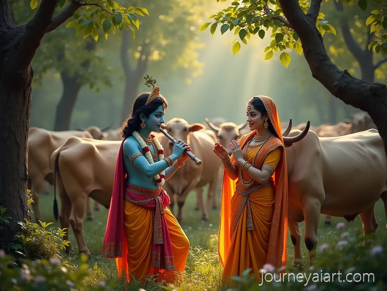 Shri-Krishna-and-Radha-in-a-Lush-Forest-with-Cows-Playing-Flute