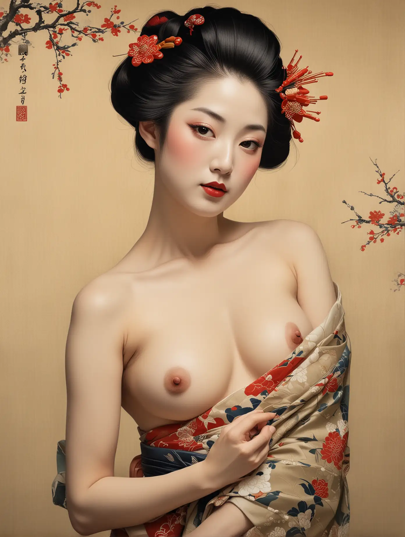 Ukiyo-e portrait painting of beautiful nude Japanese geisha. 