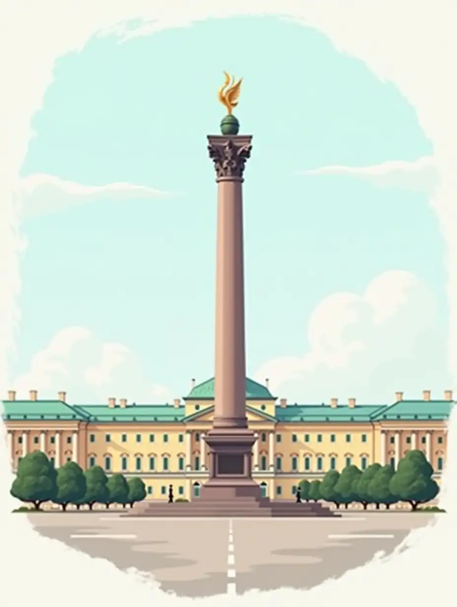 Create an icon of St. Petersburg, Russia attraction: view Palace Square, Alexandrian column in the middle, with Hermitage (Winter Palace) behind it. Icon should be minimalistic and drawn. Icon should be Realistic/cartoonish. In muted color scheme. Icon style should resemble the national style of Kazakhstan